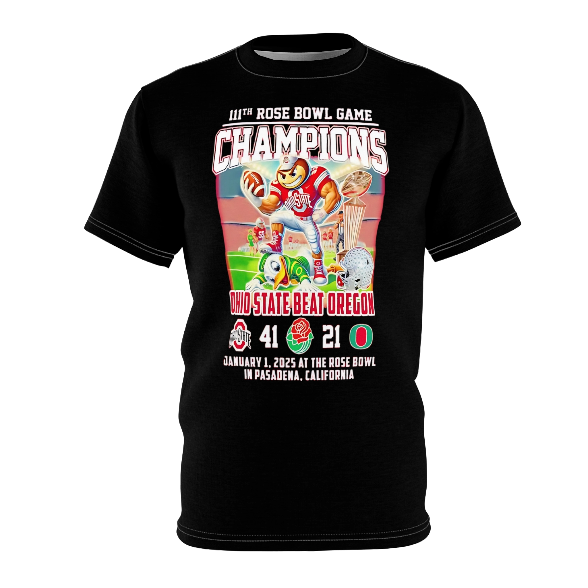 ohio-state-buckeyes-beat-oregon-ducks-111th-rose-bowl-champions-2025-mascot-shirt Ohio State Buckeyes Beat Oregon Ducks 111th Rose Bowl Champions 2025 mascot Shirt