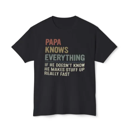 Papa Knows Everything Shirt – The Ultimate Dad Wisdom Tee Some dads read manuals, but yours? He improvises like a legend. Celebrate fatherly wisdom (or the lack thereof) with this Papa Knows Everything Shirt—a hilarious nod to every dad’s talent for making things up on the spot. Whether he’s giving life advice, fixing the unfixable, or explaining “how it used to be,” this shirt lets him wear his expert status with pride. Papa Knows Everything Shirt – A Tribute to Dad Logic Design Concept: ✔ Witty Slogan: "Papa Knows Everything – He Makes Stuff Up Really Fast" – because let’s be honest, he sounds convincing even when he’s totally winging it. ✔ Bold & Playful Typography: Eye-catching text that ensures his “wisdom” is on full display. ✔ Dad-Approved Aesthetic: Classic, no-fuss design available in neutral and bold colors, making it perfect for any occasion—backyard BBQs, game nights, or just lounging in his recliner with the look of authority. Why This Shirt Stands Out: ✅ Comfort Meets Durability – Crafted from soft, breathable cotton-polyester blend, so Dad can rock it all day while dropping knowledge (or nonsense). ✅ Versatile Fit – Pairs perfectly with his signature cargo shorts, dad sneakers, and that coffee mug he’s been using since the ‘90s. ✅ Perfect Gift for Any Occasion – Whether it's Father's Day, his birthday, or just a random appreciation gift, this shirt guarantees smiles (and probably a lecture on why “back in his day” things were better). Target Audience: 👨‍🔧 Dads who “fix” things with duct tape. 🎣 Grandpas who tell the best made-up stories. 📢 Husbands who always have an answer (even when they don’t). 🤣 Anyone who loves classic dad humor and family banter. Marketing Punchlines: 🔹 “Wisdom? Optional. Confidence? Unmatched.” 🔹 “Facts are overrated—Dad’s got this.” 🔹 “Wear it loud, wear it proud—like Dad does with his questionable advice.” Order Now & Give Dad the Recognition He Deserves! Why fact-check when you can just believe him? Get this Papa Knows Everything Shirt today and let Dad continue his legendary streak of knowing it all—even when he doesn’t!